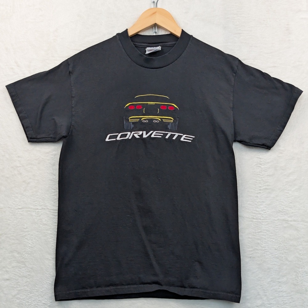 VTG Hanes Corvette T-Shirt Men's S Black Embroidered C5 Racing Streetwear 90s